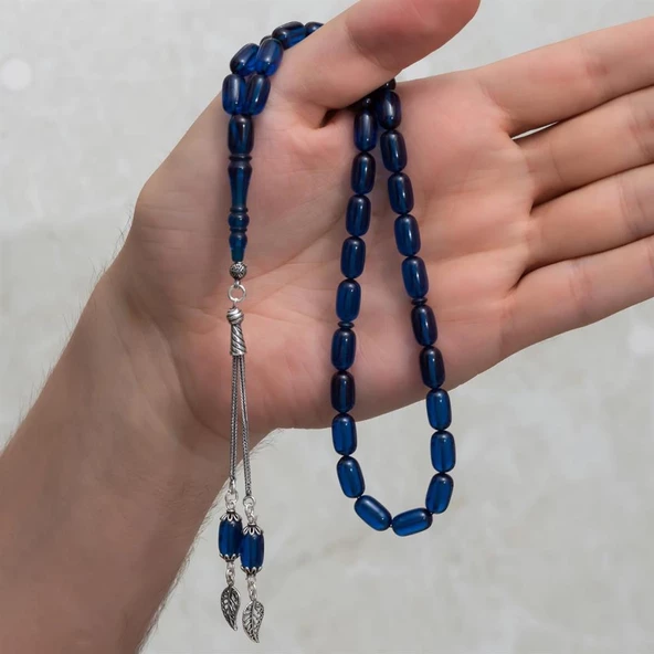 925 Ayar Gümüş Püsküllü Parliement Mavisi Kehribar Tesbih - 3