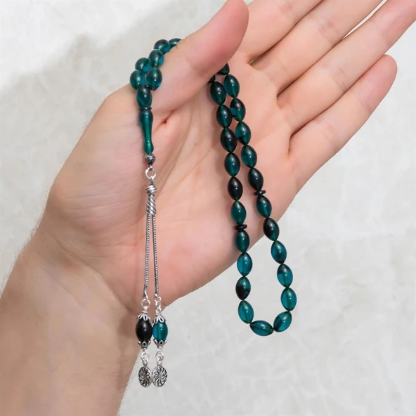 925 Ayar Gümüş Püsküllü Turkuaz Kehribar Tesbih - 3