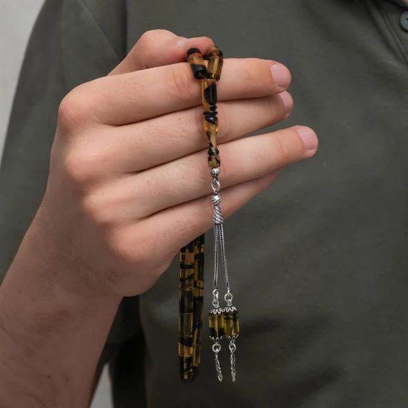 925 Ayar Gümüş Püsküllü Silindir Kesim Sarı Siyah Kehribar Tesbih - 3