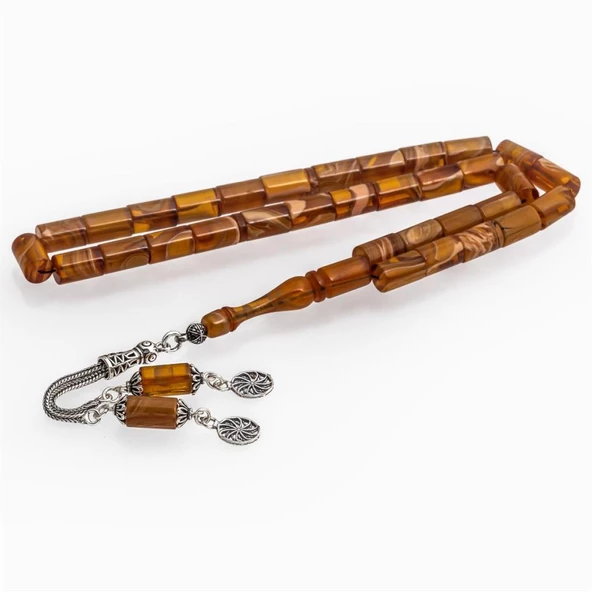 925 Ayar Gümüş Püsküllü Silindir Kesim Kehribar Tesbih