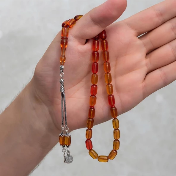 925 Ayar Gümüş Püsküllü Kapsül Kesim Sarı Kehribar Tesbih - 3