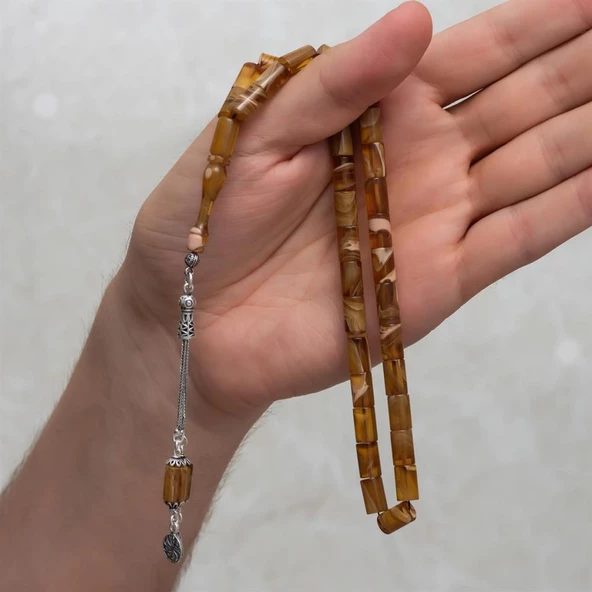 925 Ayar Gümüş Püsküllü Silindir Kesim Kehribar Tesbih - 3