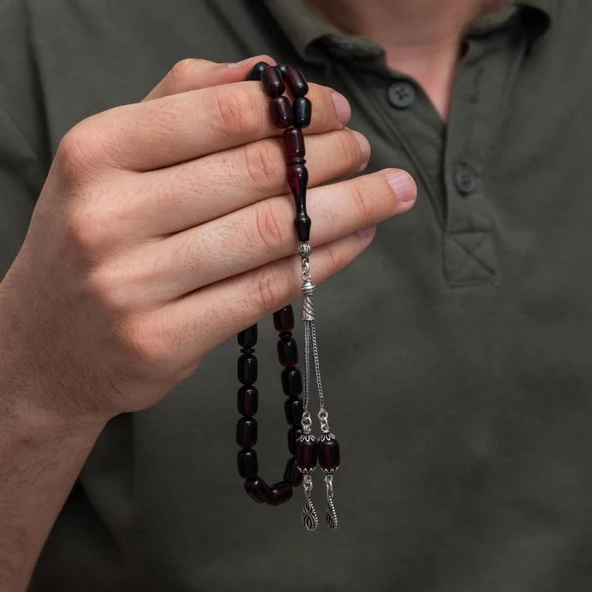 925 Ayar Gümüş Püsküllü Kapsül Kesim Koyu Kırmızı Kehribar Tesbih - 2