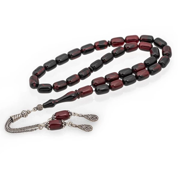 925 Ayar Gümüş Püsküllü Kapsül Kesim Koyu Kırmızı Kehribar Tesbih