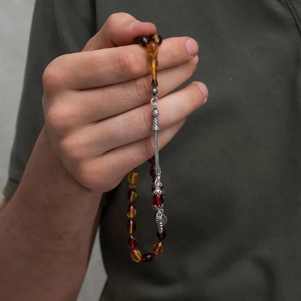 925 Ayar Gümüş Püsküllü Karışık Renk Kehribar Tesbih - 2