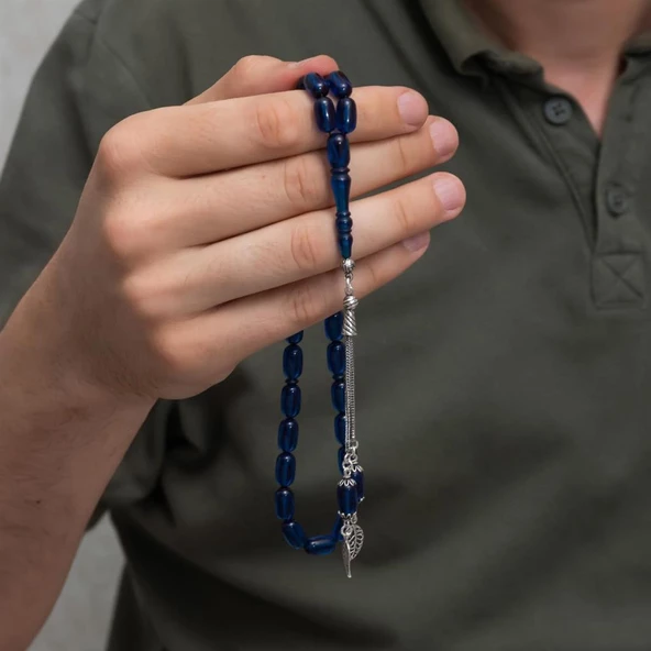 925 Ayar Gümüş Püsküllü Parliement Mavisi Kehribar Tesbih - 2