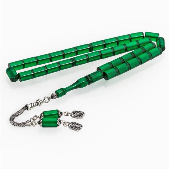 925 Ayar Gümüş Püsküllü Silindir Kesim Yeşil Kehribar Tesbih