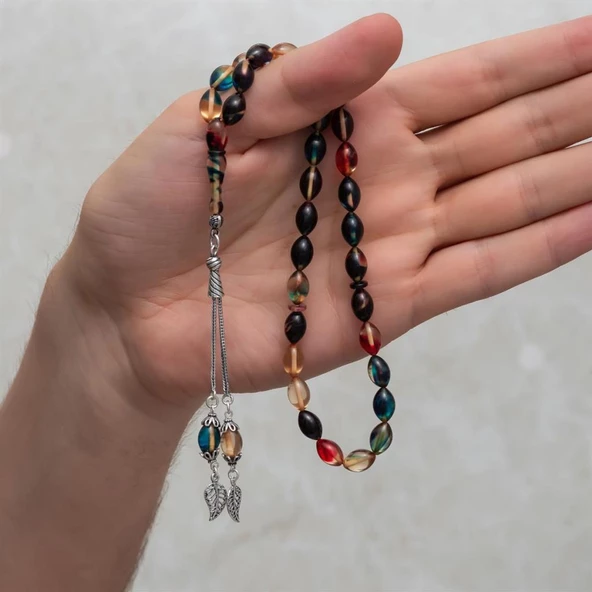 925 Ayar Gümüş Püsküllü Karışık Renkli Kehribar Tesbih - 3