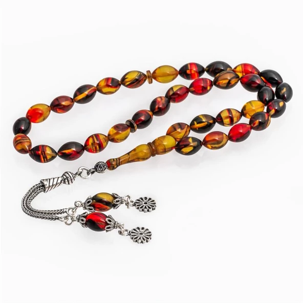 925 Ayar Gümüş Püsküllü Karışık Renk Kehribar Tesbih