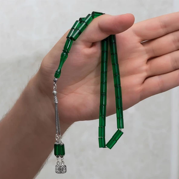925 Ayar Gümüş Püsküllü Silindir Kesim Yeşil Kehribar Tesbih - 2