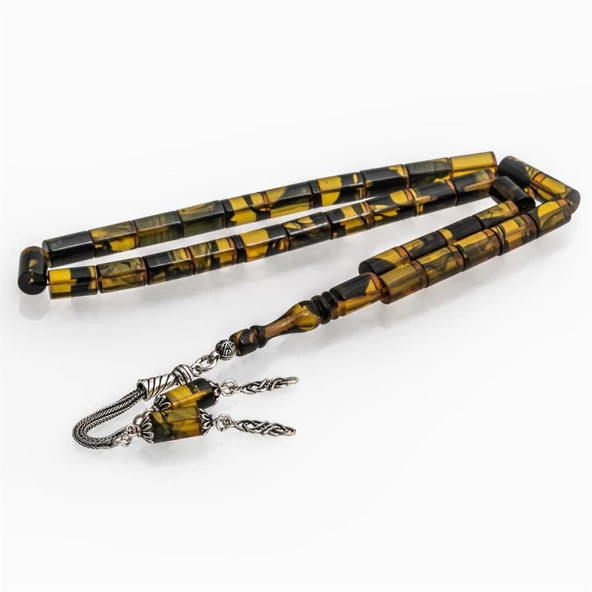 925 Ayar Gümüş Püsküllü Silindir Kesim Sarı Siyah Kehribar Tesbih