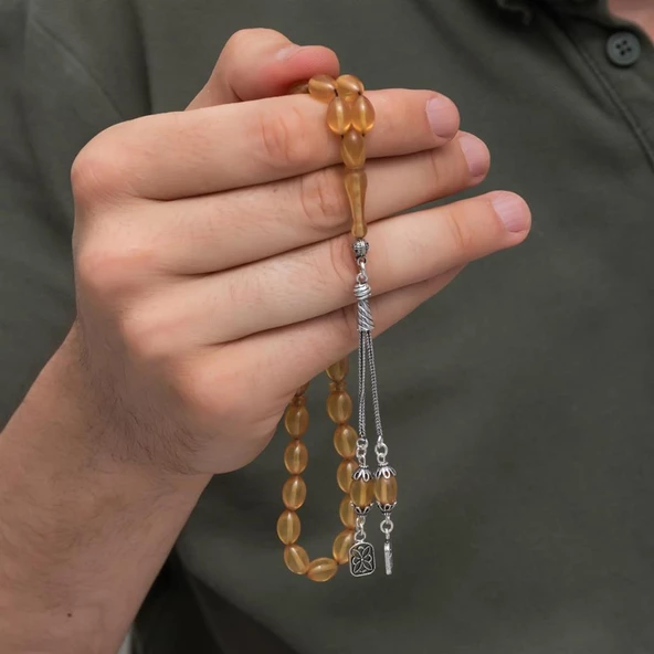 925 Ayar Gümüş Püsküllü Sarı Kehribar Tesbih - 2