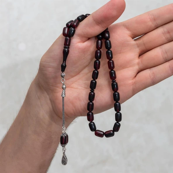 925 Ayar Gümüş Püsküllü Kapsül Kesim Koyu Kırmızı Kehribar Tesbih - 3