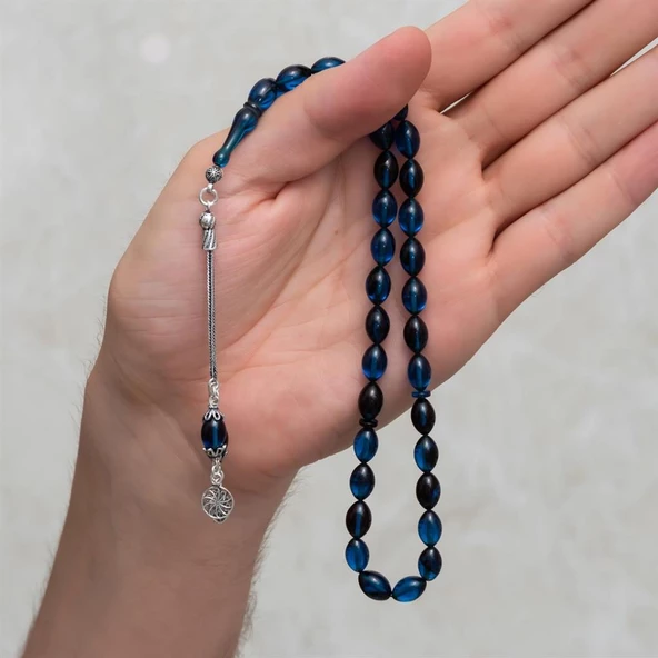 925 Ayar Gümüş Püsküllü Lacivert Siyah Kehribar Tesbih - 3