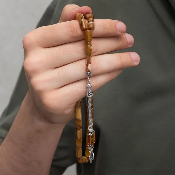 925 Ayar Gümüş Püsküllü Silindir Kesim Kehribar Tesbih - 2