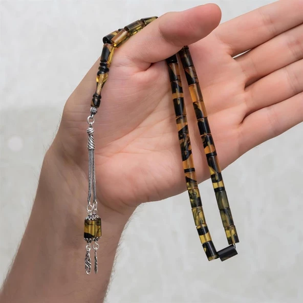 925 Ayar Gümüş Püsküllü Silindir Kesim Sarı Siyah Kehribar Tesbih - 2