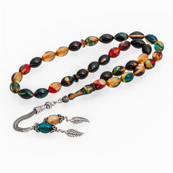 925 Ayar Gümüş Püsküllü Karışık Renkli Kehribar Tesbih