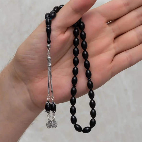 925 Ayar Gümüş Püsküllü Siyah Kehribar Tesbih - 3