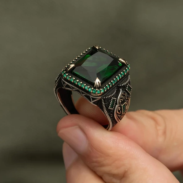 Yeşil Taşlı 925 Gümüş Erkek Yüzük - Resim 7