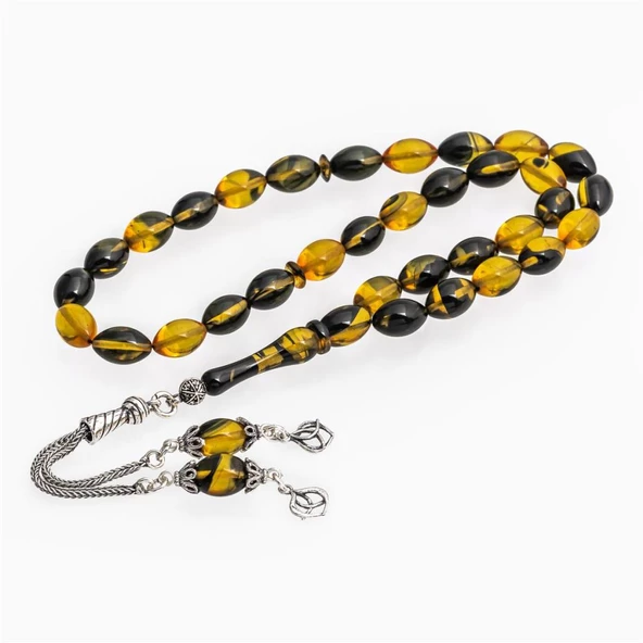 925 Ayar Gümüş Püsküllü Sarı Siyah Kehribar Tesbih