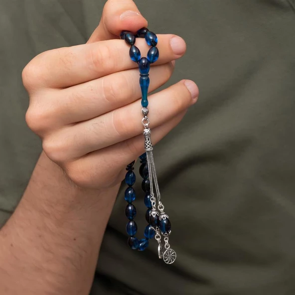 925 Ayar Gümüş Püsküllü Lacivert Kehribar Tesbih - 4