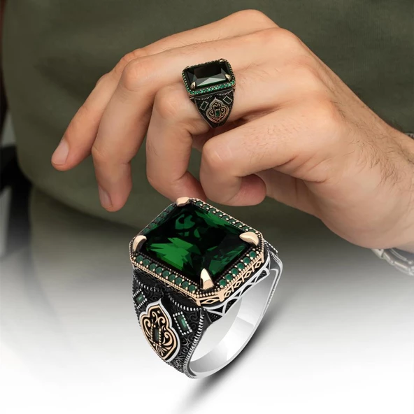 Yeşil Taşlı 925 Gümüş Erkek Yüzük ürün görseli
