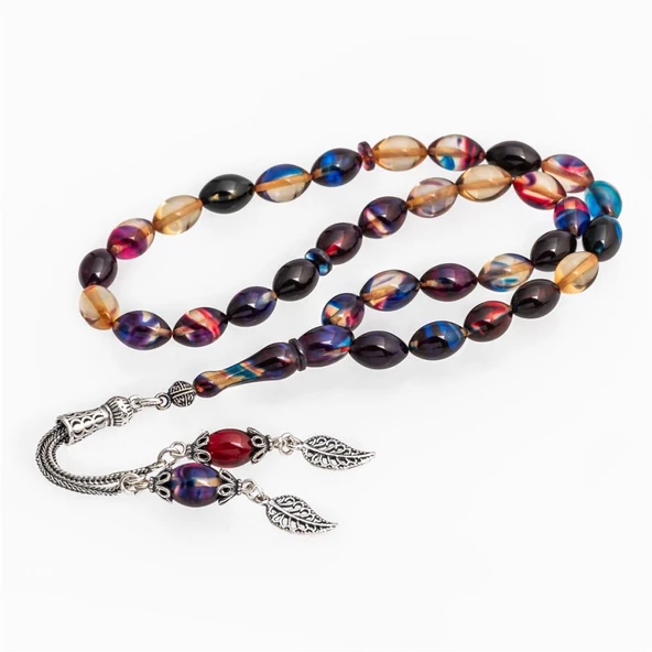925 Ayar Gümüş Püsküllü Karışık Renkli Kehribar Tesbih