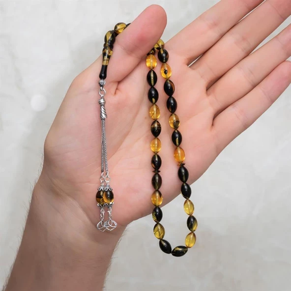 925 Ayar Gümüş Püsküllü Sarı Siyah Kehribar Tesbih - 3