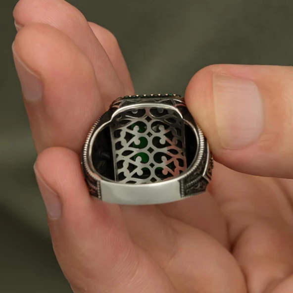 Yeşil Taşlı 925 Gümüş Erkek Yüzük - Resim 6