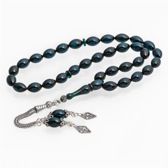 925 Ayar Gümüş Püsküllü Mavi Kehribar Tesbih