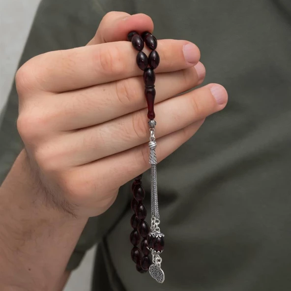 925 Ayar Gümüş Püsküllü Bordo Kehribar Tesbih - 2