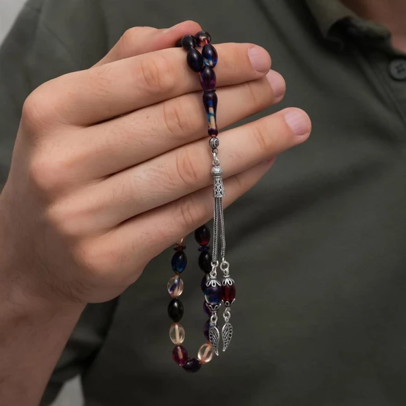 925 Ayar Gümüş Püsküllü Karışık Renkli Kehribar Tesbih - 2