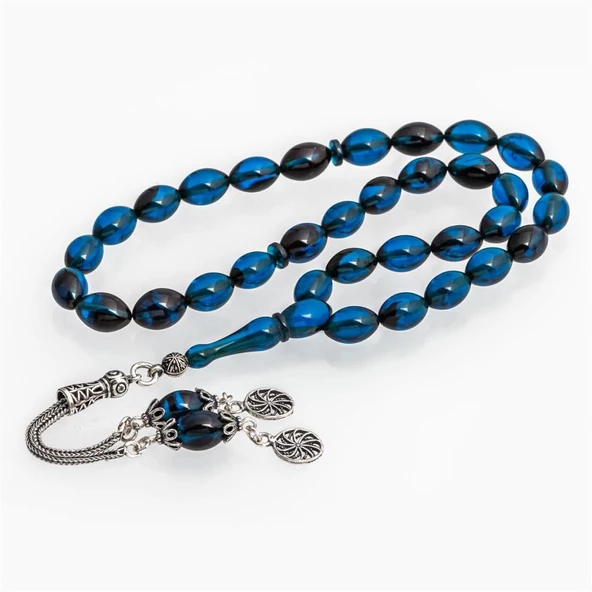 925 Ayar Gümüş Püsküllü Lacivert Kehribar Tesbih