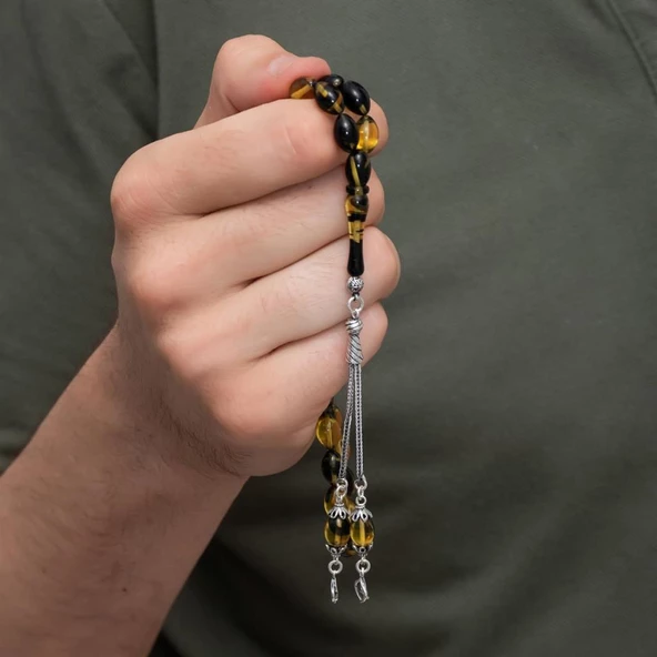 925 Ayar Gümüş Püsküllü Sarı Siyah Kehribar Tesbih - 2