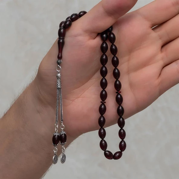 925 Ayar Gümüş Püsküllü Bordo Kehribar Tesbih - 3