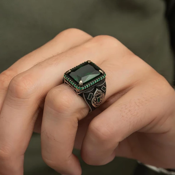 Yeşil Taşlı 925 Gümüş Erkek Yüzük - Resim 8
