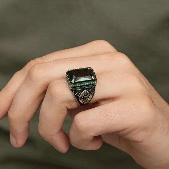 Yeşil Taşlı 925 Gümüş Erkek Yüzük - Resim 5
