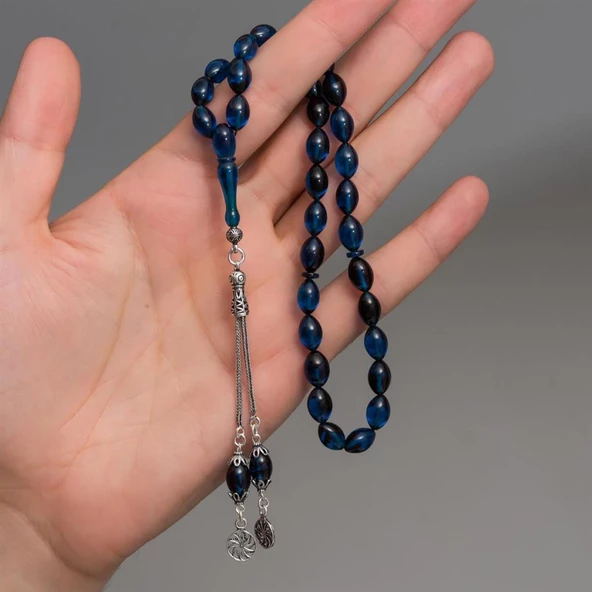 925 Ayar Gümüş Püsküllü Lacivert Kehribar Tesbih - 2