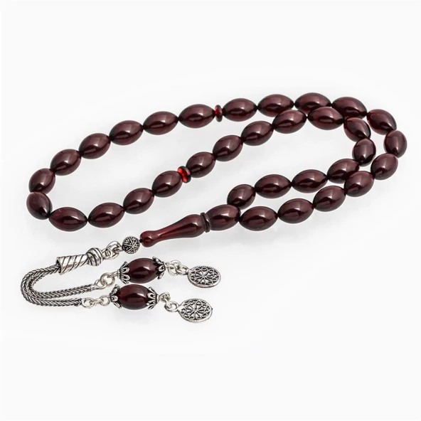 925 Ayar Gümüş Püsküllü Bordo Kehribar Tesbih