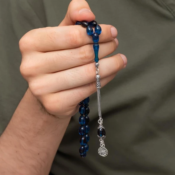 925 Ayar Gümüş Püsküllü Lacivert Kehribar Tesbih - 3