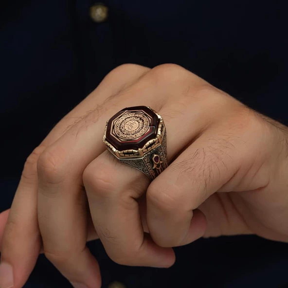 Ayetel Kursi Hat Yazılı 925 Gümüş Erkek Yüzük - Resim 4