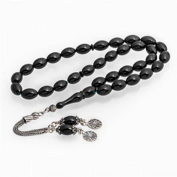 925 Ayar Gümüş Püsküllü Siyah Kehribar Tesbih
