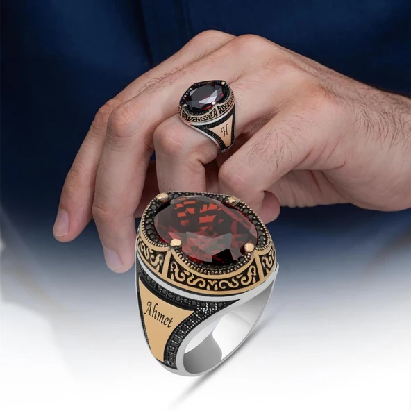 Kırmızı Taşlı Oval İsimli 925 Gümüş Erkek Yüzük ürün görseli