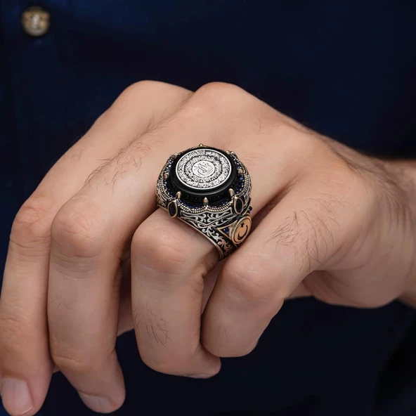 Ayetel Kursi Hat Yazılı Ayyıldız 925 Gümüş Erkek Yüzük - Resim 8