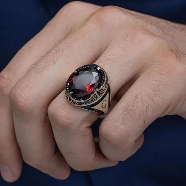 Kırmızı Taşlı Oval İsimli 925 Gümüş Erkek Yüzük - Resim 7