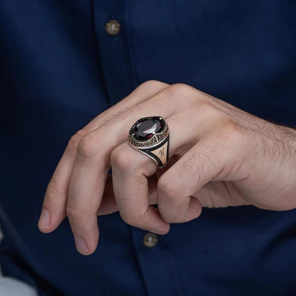 Kırmızı Taşlı Oval İsimli 925 Gümüş Erkek Yüzük - Resim 4