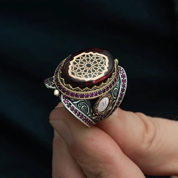 Kırmızı Sıkma Kehribar Taşlı 925 Gümüş Erkek Yüzük - 8