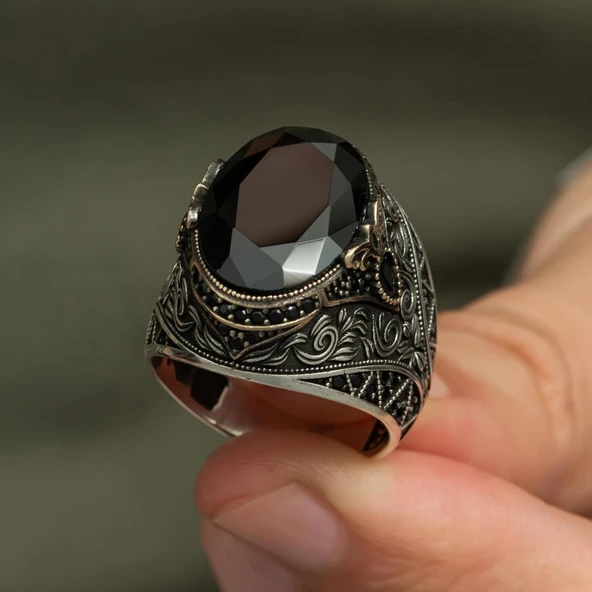 Oval Siyah Taşlı 925 Gümüş Erkek Yüzük - Resim 7