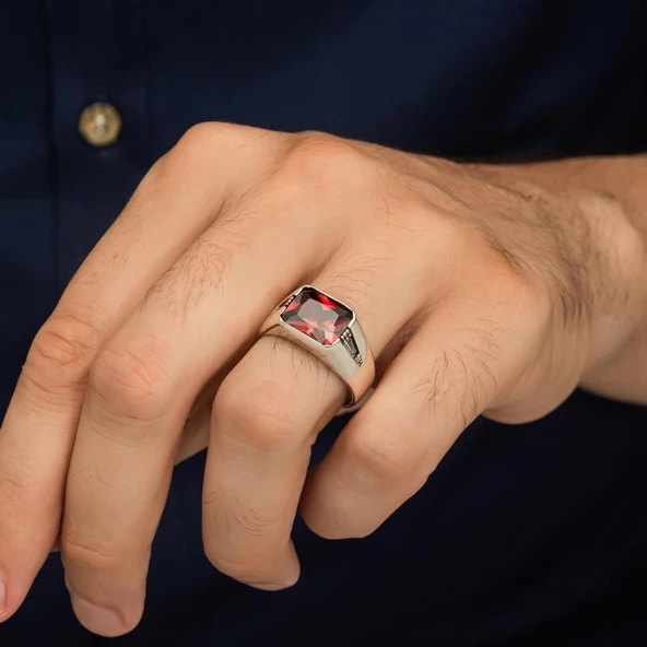 Kırmızı Taşlı 925 Gümüş Erkek Yüzük - Resim 9