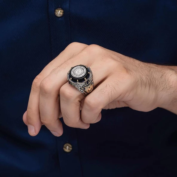 Ayetel Kursi Hat Yazılı Ayyıldız 925 Gümüş Erkek Yüzük - Resim 4